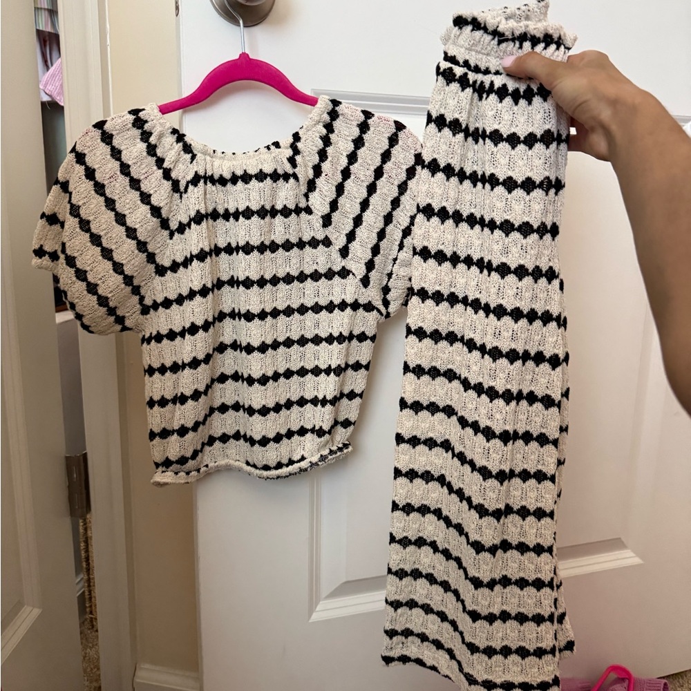 Striped Knit Two-Piece Top and Skirt Set - Black and Cream